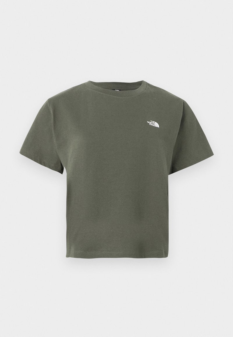 Olive green cotton t-shirt with short sleeves, crew neck, and a small white logo on the left chest. Smooth texture and relaxed fit.