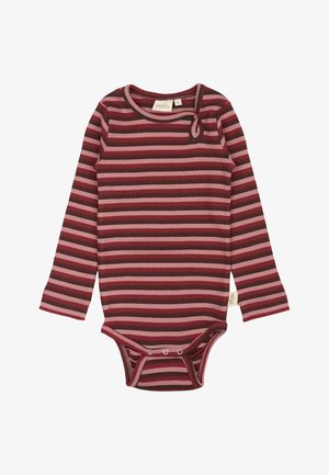 Dolga majica z dolgimi rokavi v maroon in roza odtenkih, izdelana iz rebrastega bombaža. Ima okroglo ovratnico in zaklepanje z gumbi na dnu.