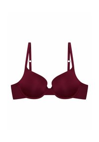 Bordowy biustonosz z gładkimi, wyściełanymi miseczkami i regulowanymi ramiączkami. Posiada bezszwowy krój oraz zapięcie na haftkę z tyłu.