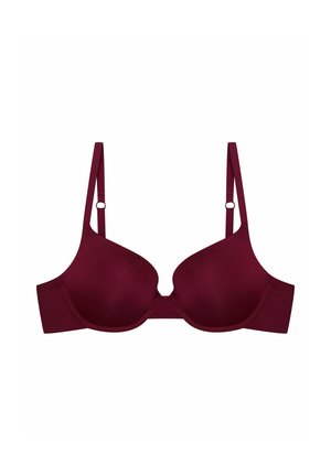 Bordeaux-BH mit glatten, gepolsterten Cups und verstellbaren Trägern. Verfügt über ein nahtloses Design und einen Haken- und Ösenverschluss auf der Rückseite.