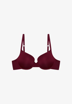 Burgundy bra with smooth, padded cups and adjustable straps. Features seamless design and a hook-and-eye closure at the back.