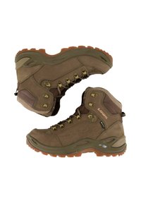 Scarponi da trekking marroni realizzati in suede e materiali sintetici, con design a caviglia alta, occhielli in metallo e suola in gomma testurizzata con grip.