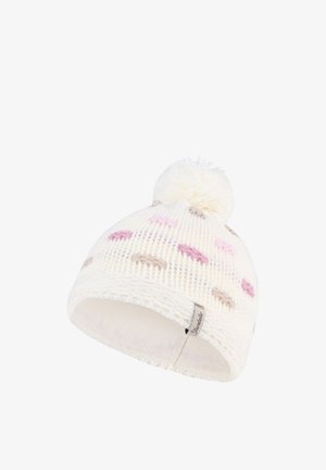 White knit winter hat with pink and beige stitch accents and a large pom-pom on top, showing inside lining and a small brand tag.