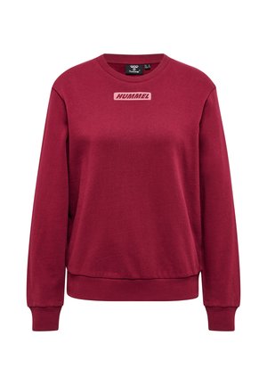 Weinroter Sweatshirt mit Rundhalsausschnitt, Rippenbündchen an Ärmeln und Saum, mit kleinem pinkfarbenem "Hummel"-Logo zentriert unterhalb des Ausschnitts.