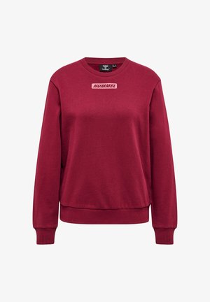 Weinroter Sweatshirt mit Rundhalsausschnitt, Rippenbündchen an Ärmeln und Saum, mit kleinem pinkfarbenem "Hummel"-Logo zentriert unterhalb des Ausschnitts.