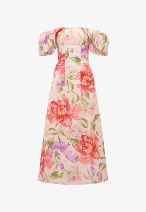 Pikk, lilleline kleit, millel on suured roosa ja punase värvi lilled roheliste lehtedega. Õlavarrelt avatud disain ja puff-särgid lisavad romantilist puudutust.