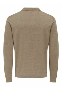 Suéter marrón de manga larga con cuello con solapa, puños acanalados y textura suave. La vista trasera muestra un diseño sencillo.