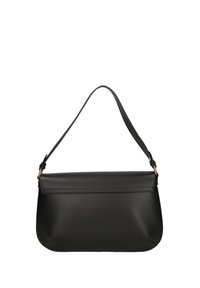 Borsa a tracolla in pelle nera con profilo piatto, una sola tracolla e un design minimalista. Presenta linee eleganti e una superficie liscia.