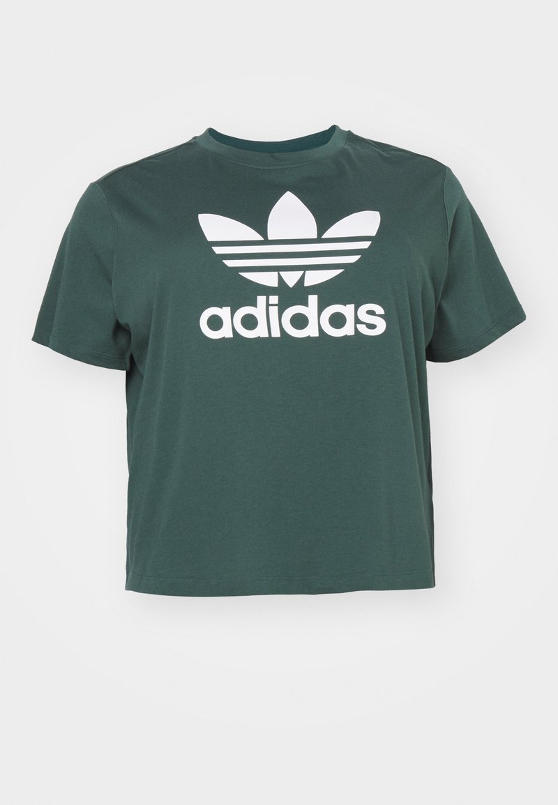Dark green cotton crop t-shirt with a round neck and short sleeves. Features a large white Adidas logo with three stripes above.