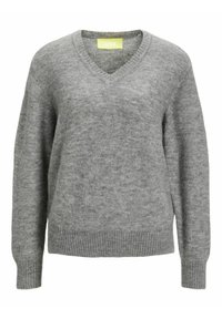 Grau V-Ausschnitt-Pullover aus weichem, strukturiertem Stoff. Verfügt über gerippte Bündchen und Saum sowie eine lockere Passform. Minimalistisches Design, ohne Muster.