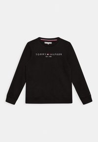 Felpa nera in cotone, con scollatura rotonda e maniche lunghe. Il design frontale presenta "TOMMY HILFIGER" e "EST. 1985" in testo bianco.