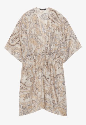 Bēšs paisley raksta kimono ar elastīgu jostasvietu, īsām piedurknēm un vieglu tekstūru. Satur sarežģītus ziedu un spirāļu elementus.