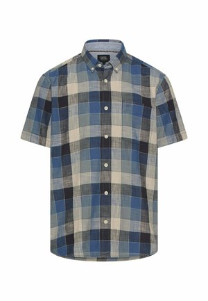 Kortärmlig overhemd met knopen, in een blauw, beige en zwart ruitpatroon en een borstzak.