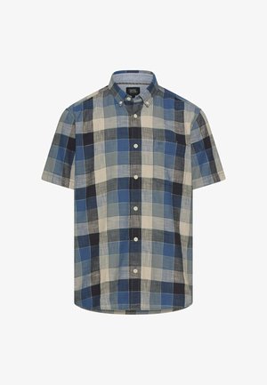 Kortärmlig overhemd met knopen, in een blauw, beige en zwart ruitpatroon en een borstzak.