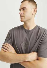 Grå bomulds t-shirt med et broderet soldesign i midten. Korte ærmer, rund hals, afslappet pasform, glat tekstur.