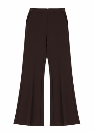 Pantaloni a zampa d'elefante marroni con tasche laterali, realizzati in tessuto liscio, caratterizzati da una vestibilità dritta e una chiusura con zip metallica sul retro.