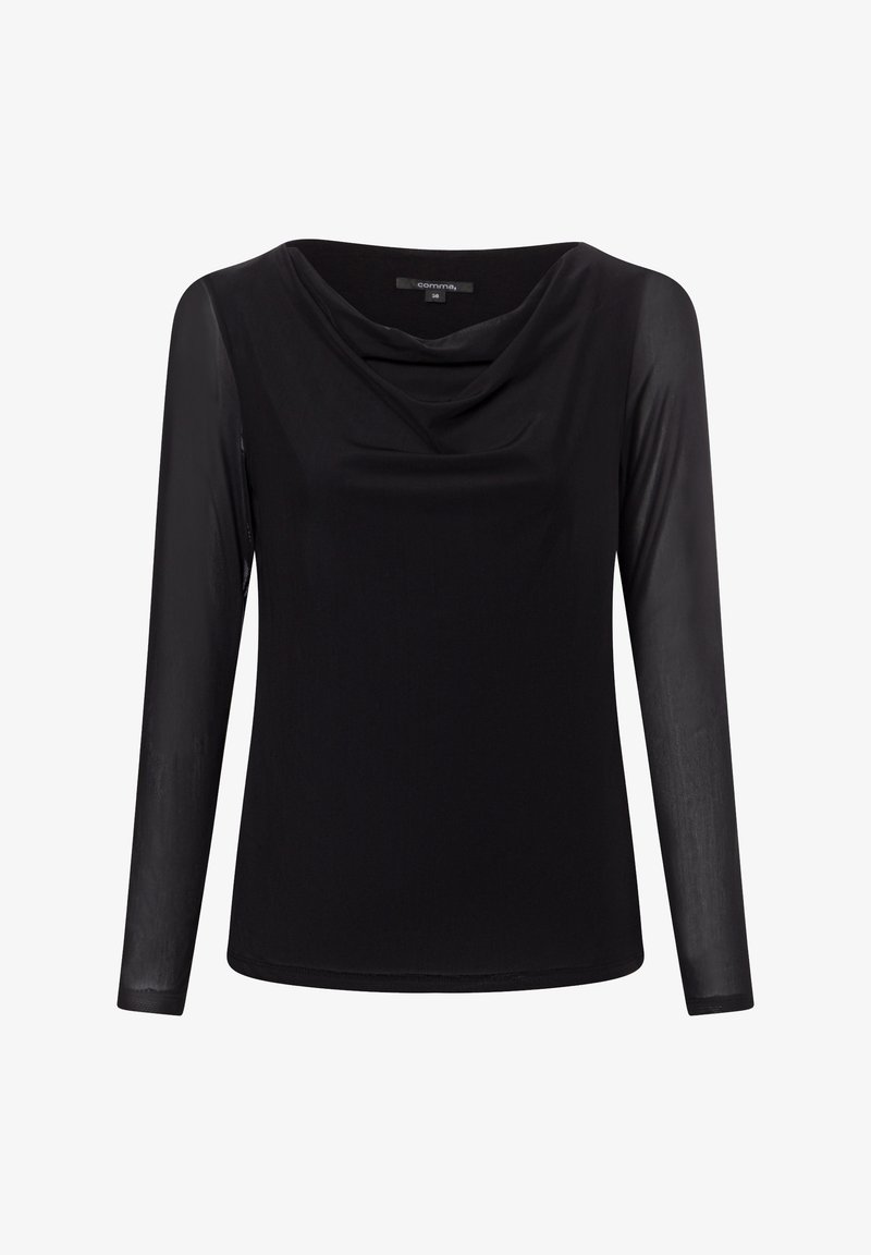 Black long-sleeve top with a draped neckline, made of a smooth, lightweight fabric featuring semi-sheer sleeves and a fitted silhouette.