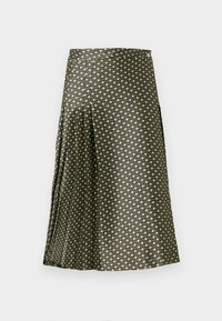 Φούστα με πιέτες σε σκούρο πράσινο ύφασμα με γεωμετρικό σχέδιο από μικρά τετράγωνα σε ανοιχτό πράσινο και μπεζ. Λείος υφής, μεσαίου μήκους σχεδιασμός.