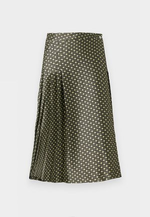 Plisseret nederdel i mørkegrønt stof med et geometrisk mønster af små firkanter i lysegrøn og beige. Glat tekstur, midlængde design.