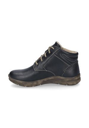 Black leather ankle boots with beige stitching, soft lining, and lightweight rubber sole. Features a lace-up design and rounded toe.