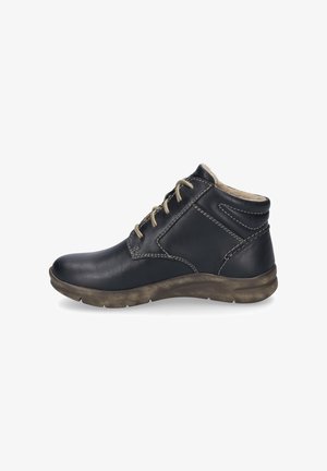 Black leather ankle boots with beige stitching, soft lining, and lightweight rubber sole. Features a lace-up design and rounded toe.
