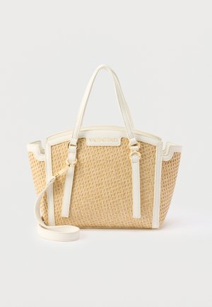 Borsa tote intrecciata beige con rifiniture in pelle bianca, doppi manici, tracolla removibile e logo Valentino al centro davanti.