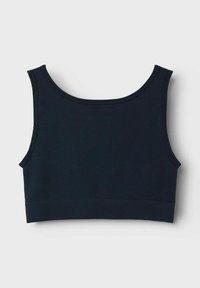 Marineblauw geribbelde cropped top met een ronde hals, brede bandjes en een naadloze band aan de onderkant voor een strakke pasvorm. Zachte textuur overal.