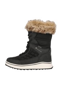 Svarta vattentåliga vinterstövlar med kviltad design, faux fur-kant och vit sula. Har snörning och logotyp på sidan.