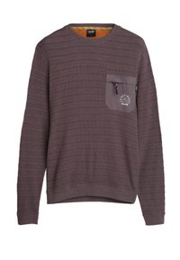 Bruine geribde sweatshirt met een ronde hals, voor een borstzak, decoratieve logo en een gladde binnenvoering. Heeft contrasterende textuur details.