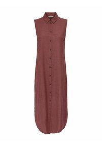 Robe midi sans manches marron avec col pointu et fermeture à boutons sur fond blanc uni.
