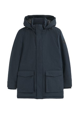 Donkerblauwe parka met capuchon, vooraan voorzien van een rits en drukknoopsluiting. Heeft twee grote klepzakken en een gestructureerde stof. Eenvoudig en functioneel ontwerp.
