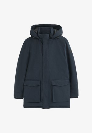 Parka noir marine avec capuche, fermeture éclair à l'avant et boutons-pression. Comprend deux grandes poches à rabat et un tissu texturé. Design simple et fonctionnel.