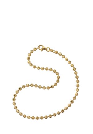 Goldene Perlenkette mit runden, polierten Perlen; verfügt über einen Karabinerverschluss; glatte Textur; gleichmäßig verteiltes Design.