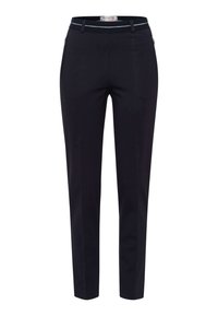 Op maat gemaakte zwarte broek met een slim fit, voorzien van een tailleband met een gestreepte accent, zijzakken en een gladde stofstructuur.