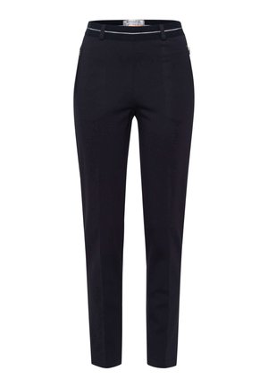 Op maat gemaakte zwarte broek met een slim fit, voorzien van een tailleband met een gestreepte accent, zijzakken en een gladde stofstructuur.