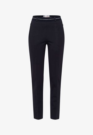 Op maat gemaakte zwarte broek met een slim fit, voorzien van een tailleband met een gestreepte accent, zijzakken en een gladde stofstructuur.