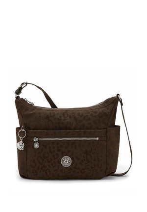 Sac bandoulière marron avec imprimé léopard subtil, poche avant zippée, poches latérales, sangle réglable et petit porte-clés argenté.