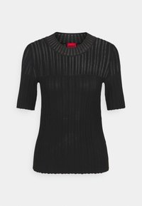 Top in maglia nera a coste con una silhouette aderente, maniche corte e scollo rotondo. Presenta un pannello trasparente nella parte superiore.