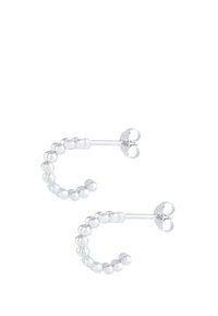 Sølv hoop øreringe med en buet form, prydet med en række små perler langs kanten, poleret overflade og post-back lukning.