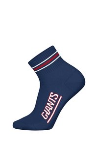 Marineblaue Knöchelsocke mit geripptem Bündchen, versehen mit roten und weißen Streifen. Weißer "GIANTS"-Schriftzug an der Seite. Glatte Textur.