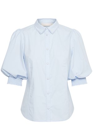 Light blue blouse with a collared neckline, puffed sleeves, and smocked cuffs. Features button closure and decorative trim along the placket.