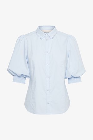 Light blue blouse with a collared neckline, puffed sleeves, and smocked cuffs. Features button closure and decorative trim along the placket.