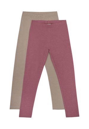 Zwei Paar Leggings: eine in einem sanften Beige und eine in einem gedämpften Rosa. Beide bestehen aus einem strukturierten, dehnbaren Stoff mit elastischem Bund.