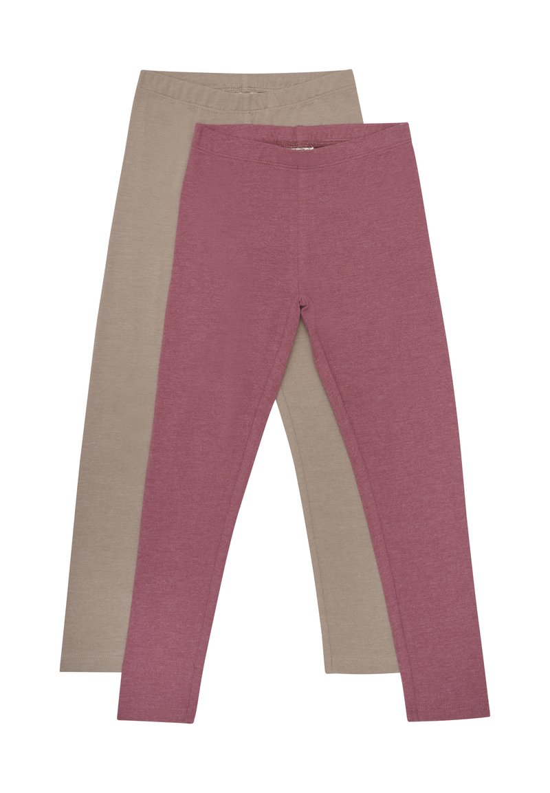 Zwei Paar Leggings: eine in einem sanften Beige und eine in einem gedämpften Rosa. Beide bestehen aus einem strukturierten, dehnbaren Stoff mit elastischem Bund.