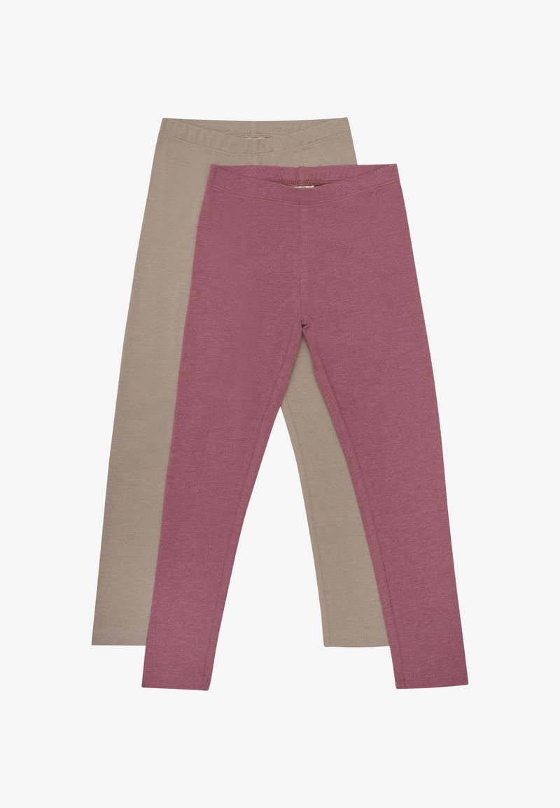 Dwie pary legginsów: jedna w miękkim beżu, a druga w stonowanym różu. Obie wykonane są z teksturowanej, rozciągliwej tkaniny z elastycznymi pasami w talii.