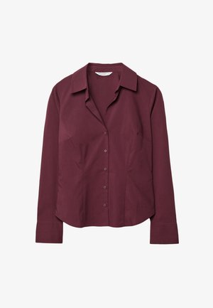 Burgundská košeľa s dlhým rukávom, so špicatým golierom, gombíkovým zapínaním a prispôsobeným strihom; vyrobená z hladkej, ľahkej tkaniny.