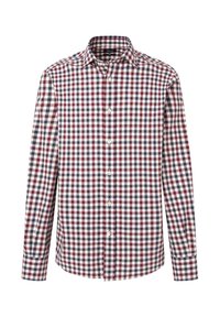 Camicetta a maniche lunghe con bottone caratterizzata da un motivo a quadri rosso, bianco e blu navy su tessuto leggero, con colletto classico e apertura con bottoni.