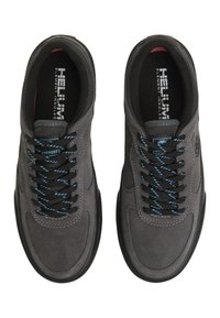 Gray suede sneakers featuring black laces with blue accents, a padded collar, and textured rubber soles. Logo visible on the side.