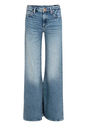 Jean larges bleu clair en denim, avec une taille haute, des coutures surpiquées et une fermeture à bouton traditionnel.