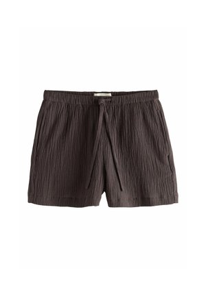 Mørkegrå teksturerede stofshorts med elastisk taljebånd og central snøre, med løs pasform og sidelommer.